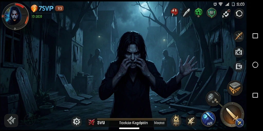 Screenshot gameplay menakutkan dari 7SVIP yang memperlihatkan suasana kelam.