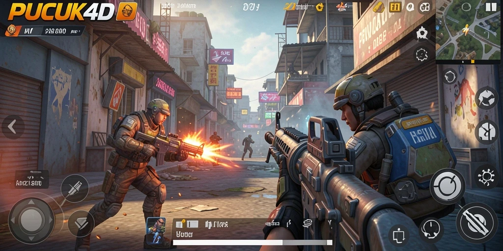 Screenshot utama PUCUK4D menunjukkan aksi tembak-menembak seru dalam game FPS.