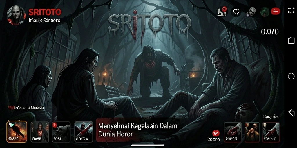 Screenshot gameplay SRITOTO menampilkan suasana horor yang mendebarkan.