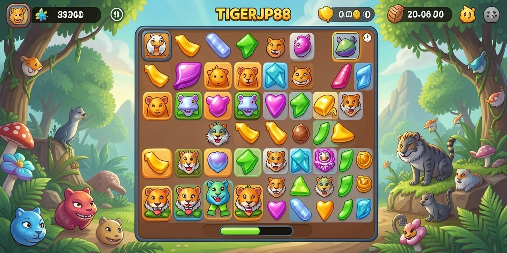 Screenshot gameplay TIGERJP88 menampilkan aksi seru dalam menyusun kombinasi Match-3.