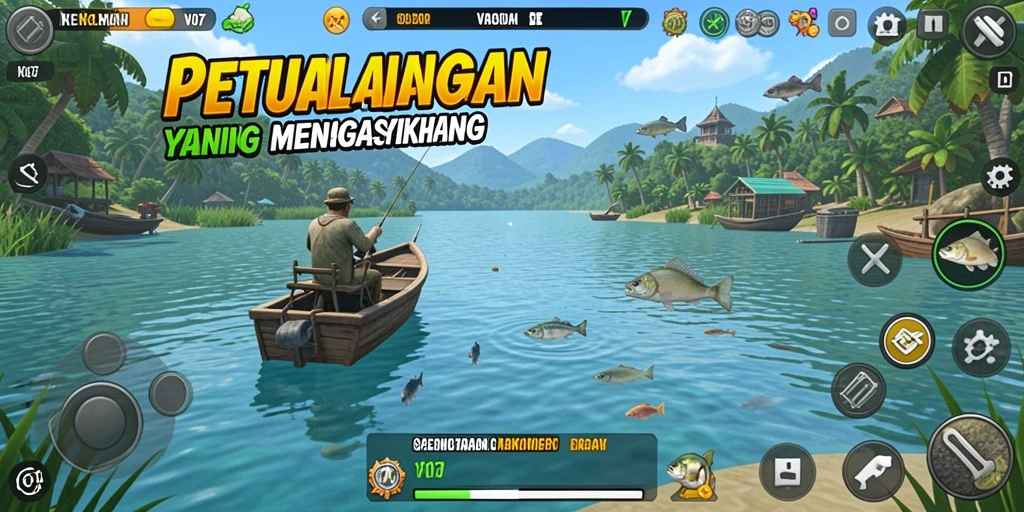 Tangkapan layar utama V07 menunjukkan aksi seru saat berburu ikan.